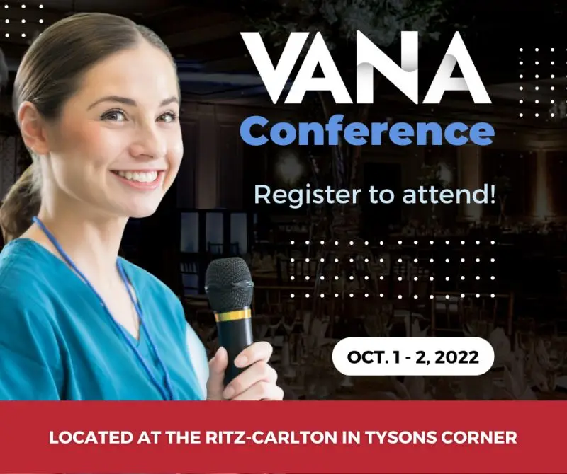 Smiling woman with a microphone promotes VANA Conference, Oct. 1-2, 2022, The Ritz-Carlton Tysons Corner. Registration info shown.