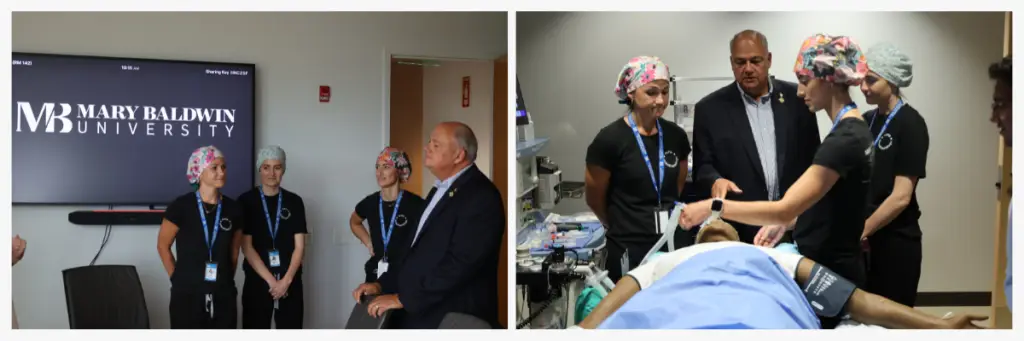 Healthcare team talks with a man at Mary Baldwin University, then observes a patient procedure in a clinic.