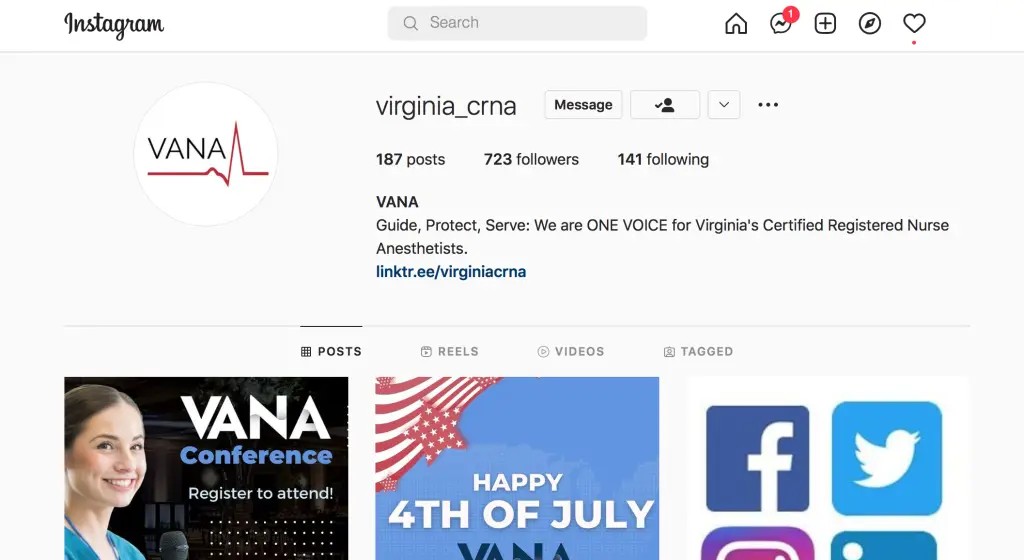 Virginia_crna Instagram profile with logo, account stats, VANA conference post, and July 4th message featuring a flag graphic.