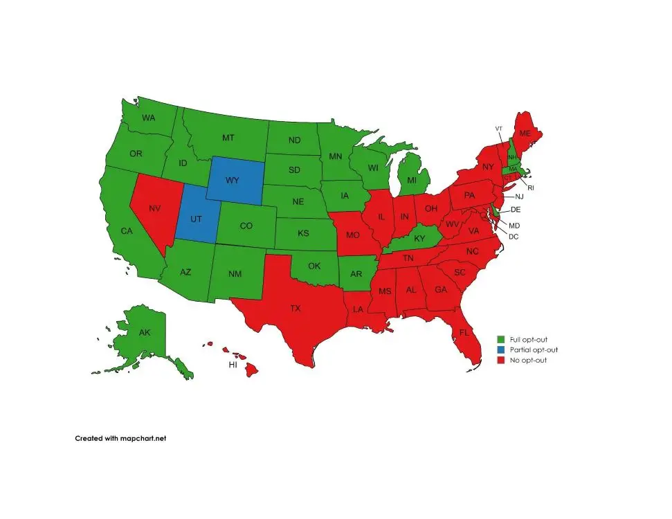 U.S. map shows full opt-out states in green (mainly West, Midwest), partial in blue, and no opt-out in red (South, East).